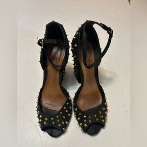 SCHUTZ Black Studded Ankle-Strap Block Heels with Gold Spikes
